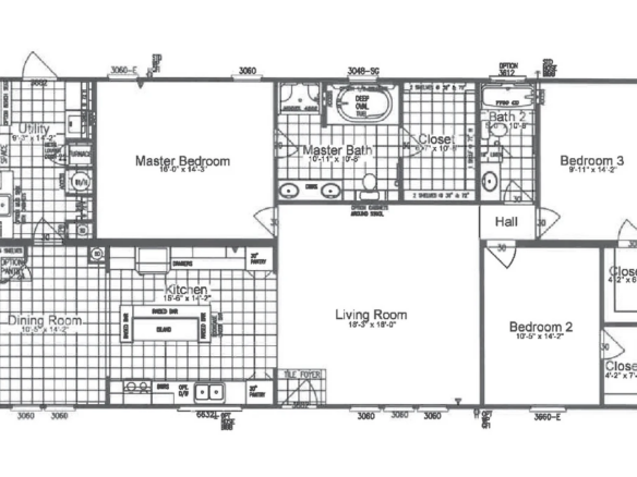 Black and white floor plan showing a layout with three bedrooms, two bathrooms, a kitchen, dining room, living room, utility room, and multiple closets.