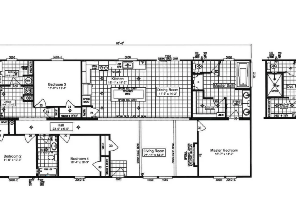 Black-and-white floor plan showing four bedrooms, three bathrooms, a kitchen, dining room, living room, and hallways with labeled dimensions and room names.