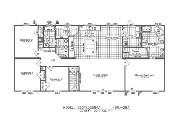 Black and white floor plan of a 4-bedroom, 2-bathroom home showing bedrooms, bathrooms, kitchen, pantry, dining area, living room, closets, and entry points. Model: 2901T32684A.