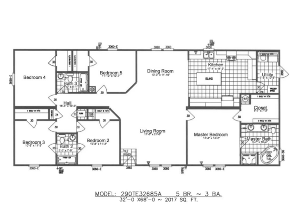 Floor plan of a 5-bedroom, 3-bathroom house with living room, dining room, kitchen, utility room, closets, and master suite; total area is 2,017 square feet.