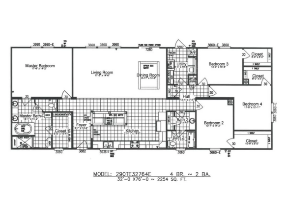 Black and white floor plan of a 4-bedroom, 2-bathroom home showing labeled rooms, closets, kitchen, dining room, living room, and master suite; 2,254 sq. ft.