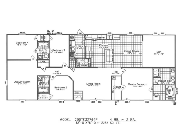 Black and white floor plan of a 4-bedroom, 3-bath house with labeled rooms including kitchen, living room, dining room, utility, den, activity room, closets, and hallways.
