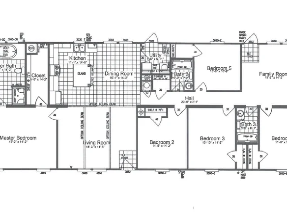 Black and white floor plan of a single-story house with four bedrooms, three bathrooms, a kitchen, dining room, living room, family room, closets, and utility area.