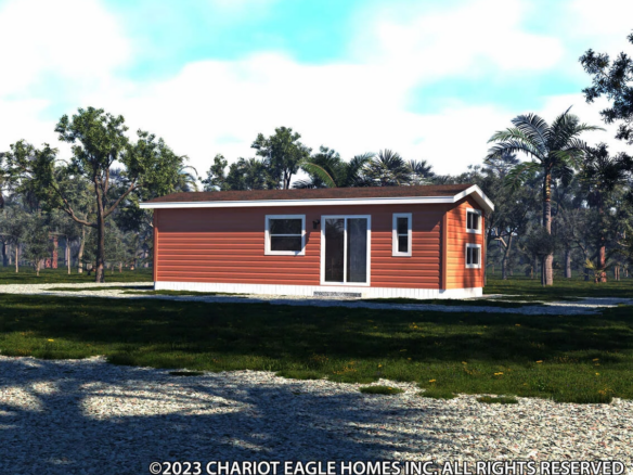 A small, single-story orange house with white trim sits on a grassy lot surrounded by trees under a partly cloudy sky.