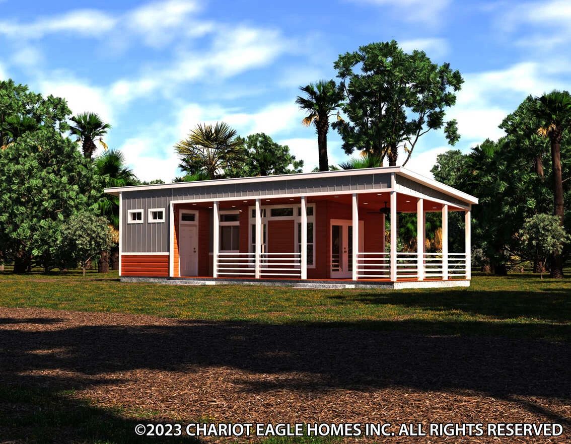 36ee15461a_rf0_1691777828226_1134_12 A modern single-story prefab home with a large covered porch, set in a grassy area with trees in the background.
