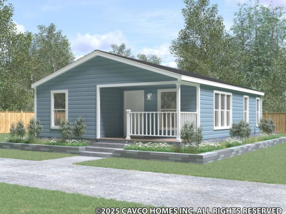 Single-story blue house with white trim, small front porch, and landscaped yard with shrubs and grass, surrounded by a wooden fence.