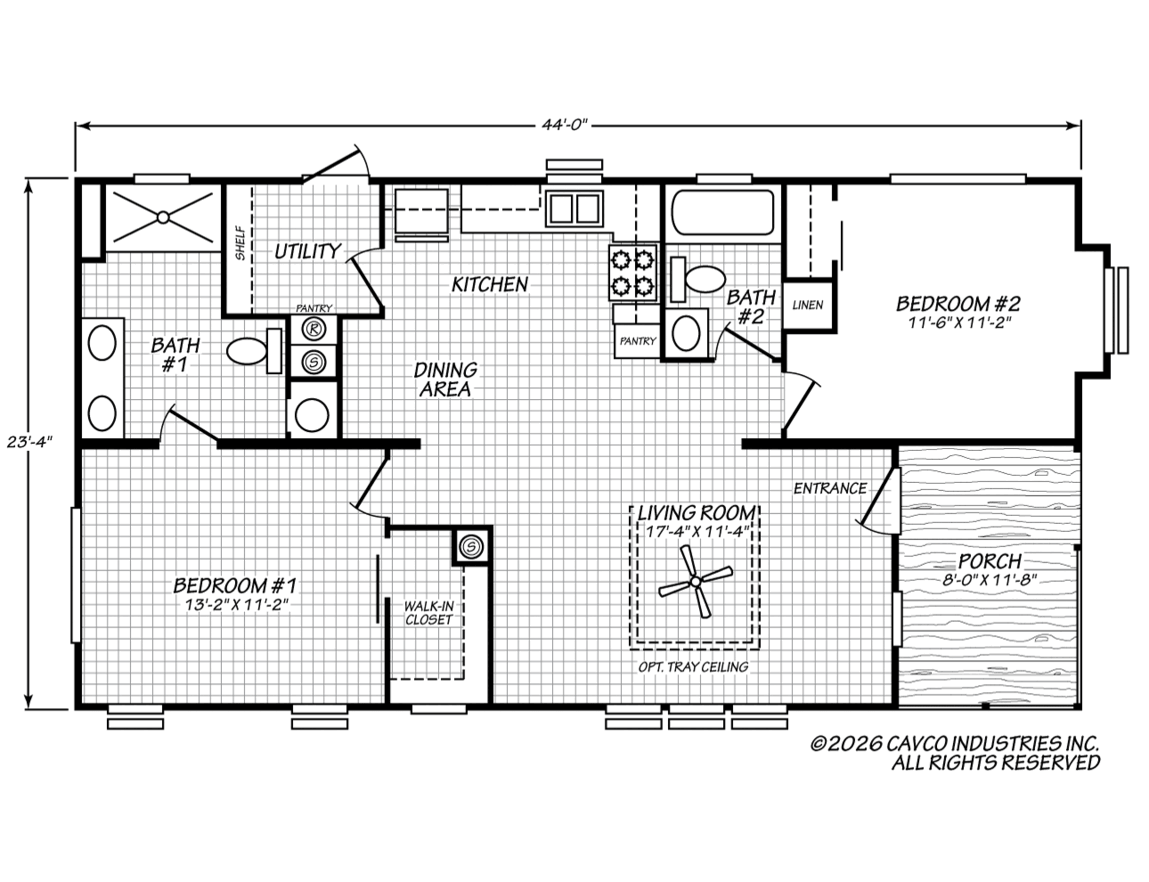 Black and white floor plan of a house featuring two bedrooms, two bathrooms, a kitchen, dining area, living room, utility room, and a front porch.