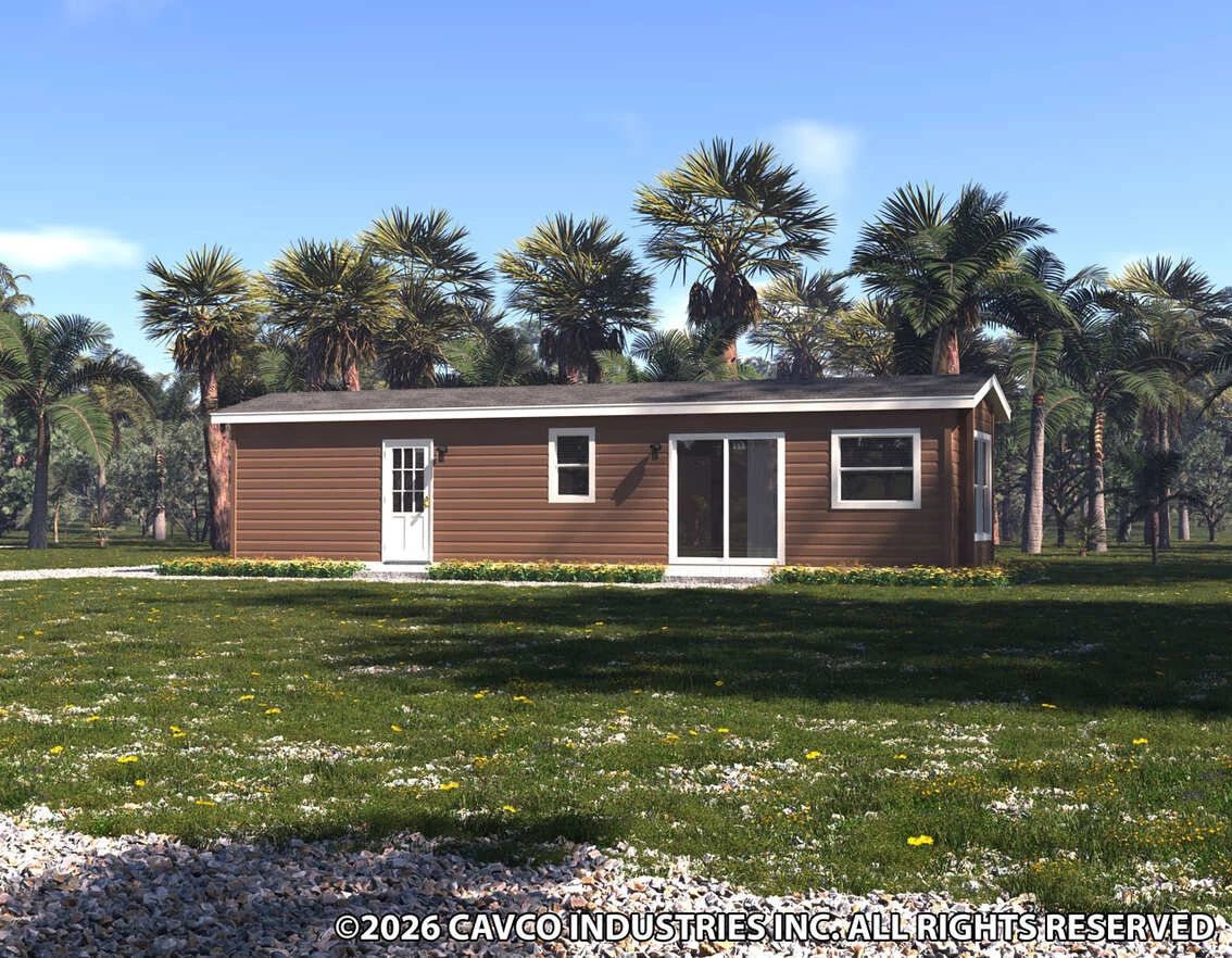 36hk12422a_rf0_1134_12 Single-story brown manufactured home with white trim, surrounded by grass, palm trees, and a clear blue sky. ©2026 Cavco Industries Inc. All rights reserved.