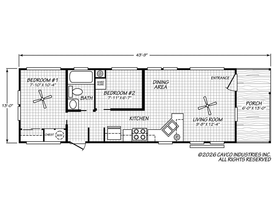 36hk13382a_bf0_1149_12 Floor plan of a rectangular home featuring two bedrooms, one bathroom, kitchen, dining area, living room, and a porch at the front entrance.