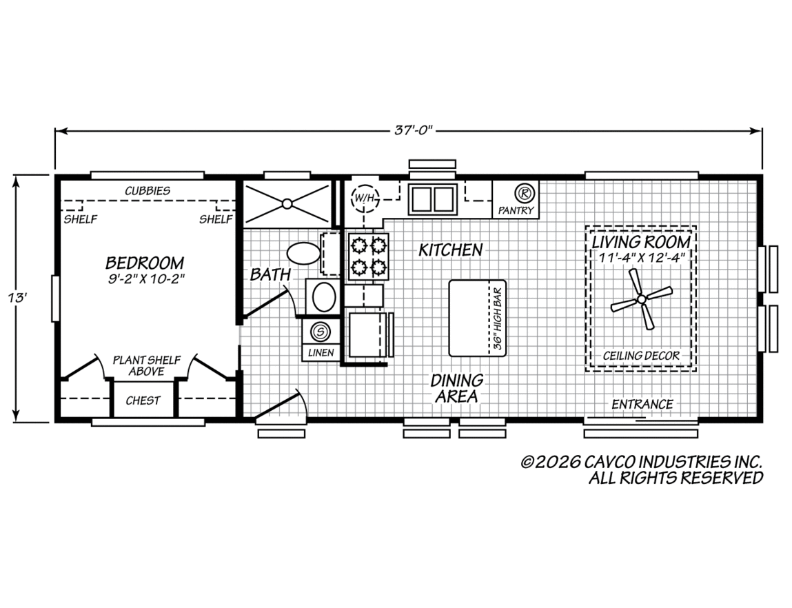 Black and white floor plan of a small home featuring a bedroom, bathroom, kitchen, dining area, and living room with labeled fixtures, shelves, and appliances.