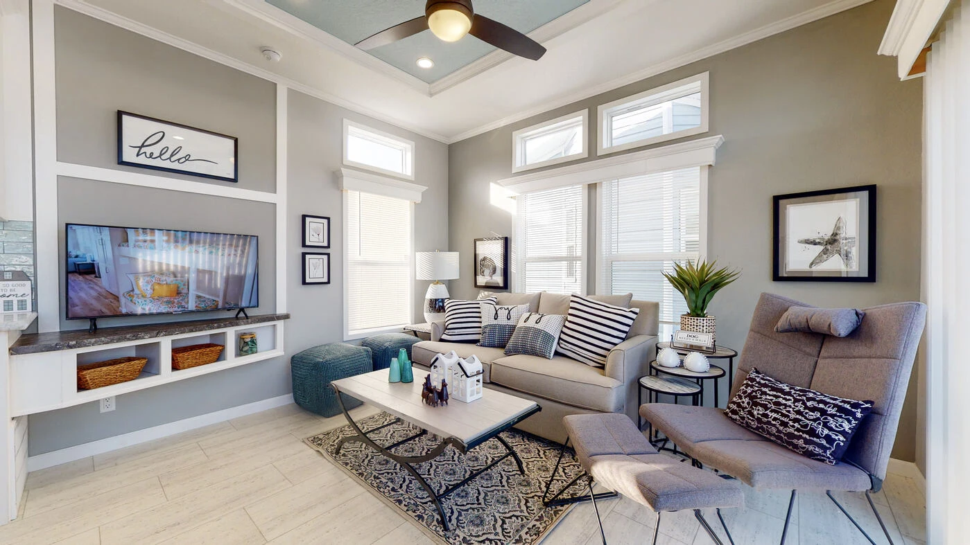 A modern living room with gray walls, a sofa, armchair, television, coffee table, and large windows letting in natural light. Decor includes framed art, plants, and patterned cushions.