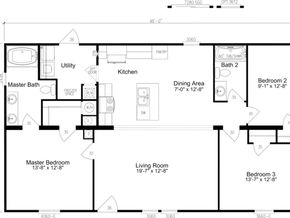 Black and white floor plan of a house showing two bedrooms, two bathrooms, kitchen, dining area, living room, and utility room with labeled measurements.