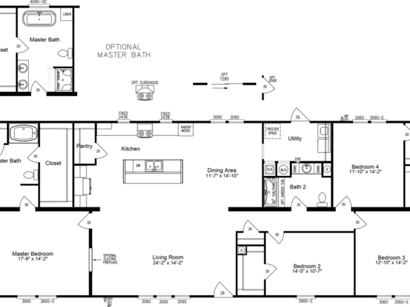 Floor plan of a house showing four bedrooms, two bathrooms, a kitchen, pantry, dining area, living room, utility room, and optional master bath layout.