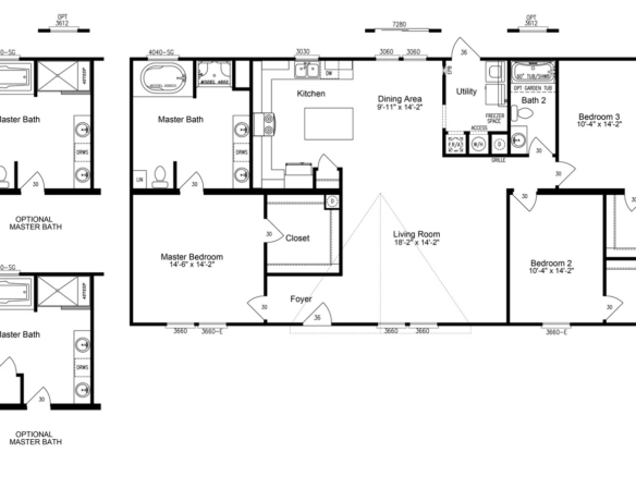 Black and white floor plan of a home with three bedrooms, two baths, a kitchen, dining area, living room, utility room, foyer, and two optional master bath layouts shown separately.