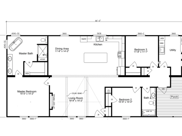 Floor plan of a house showing three bedrooms, two bathrooms, a living room, dining area, kitchen, utility room, porch, and closets.