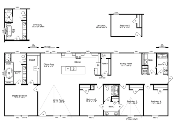 Black and white floor plan of a house with five bedrooms, three bathrooms, kitchen, dining area, living and family rooms, utility room, and optional master bath and bedroom.