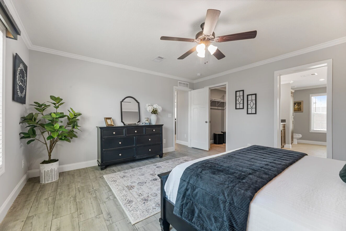 A modern bedroom with a black dresser, a round mirror, a ceiling fan, a bed with dark bedding, a patterned rug, and an open door to a bathroom and closet.