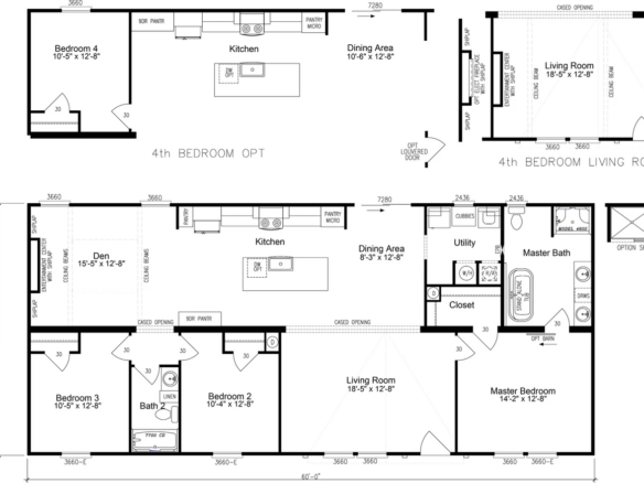 Black and white floor plan showing two layout options for a single-story home with up to four bedrooms, two bathrooms, kitchen, dining, living areas, and labeled rooms.