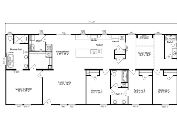 Black and white floor plan of a single-story house featuring four bedrooms, three bathrooms, kitchen, dining, living, and family rooms, with labeled dimensions for each area.