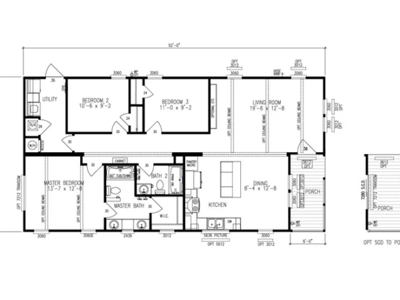 Black and white floor plan of a three-bedroom, two-bathroom house with a kitchen, dining area, living room, utility room, and optional front and side porches.