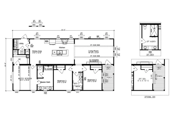 Black and white floor plan of a single-story house with three bedrooms, two bathrooms, kitchen, dining area, living room, and optional den and master bath layouts.