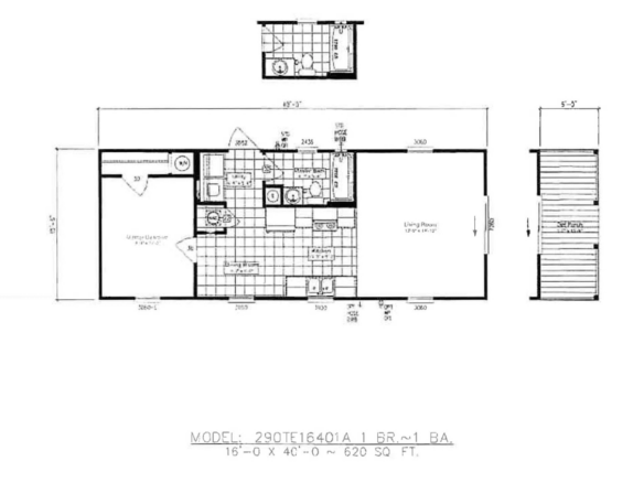 Black and white floor plan of a 1-bedroom, 1-bathroom home, showing labeled rooms, kitchen, living area, and porch, with overall dimensions and measurements included.