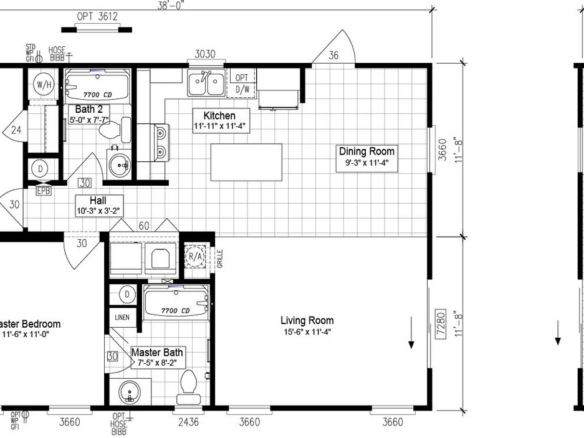 Black and white floor plan of a house with two bedrooms, two bathrooms, kitchen, dining room, living room, and an optional porch layout on the right. Measurements are labeled throughout.