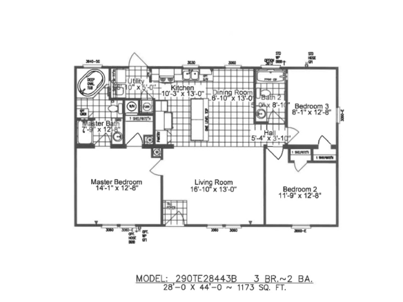 Black and white floor plan for a 3-bedroom, 2-bathroom home with labeled rooms, kitchen, dining room, and measurements; total area 1,173 sq. ft., model 29QTE28443B.