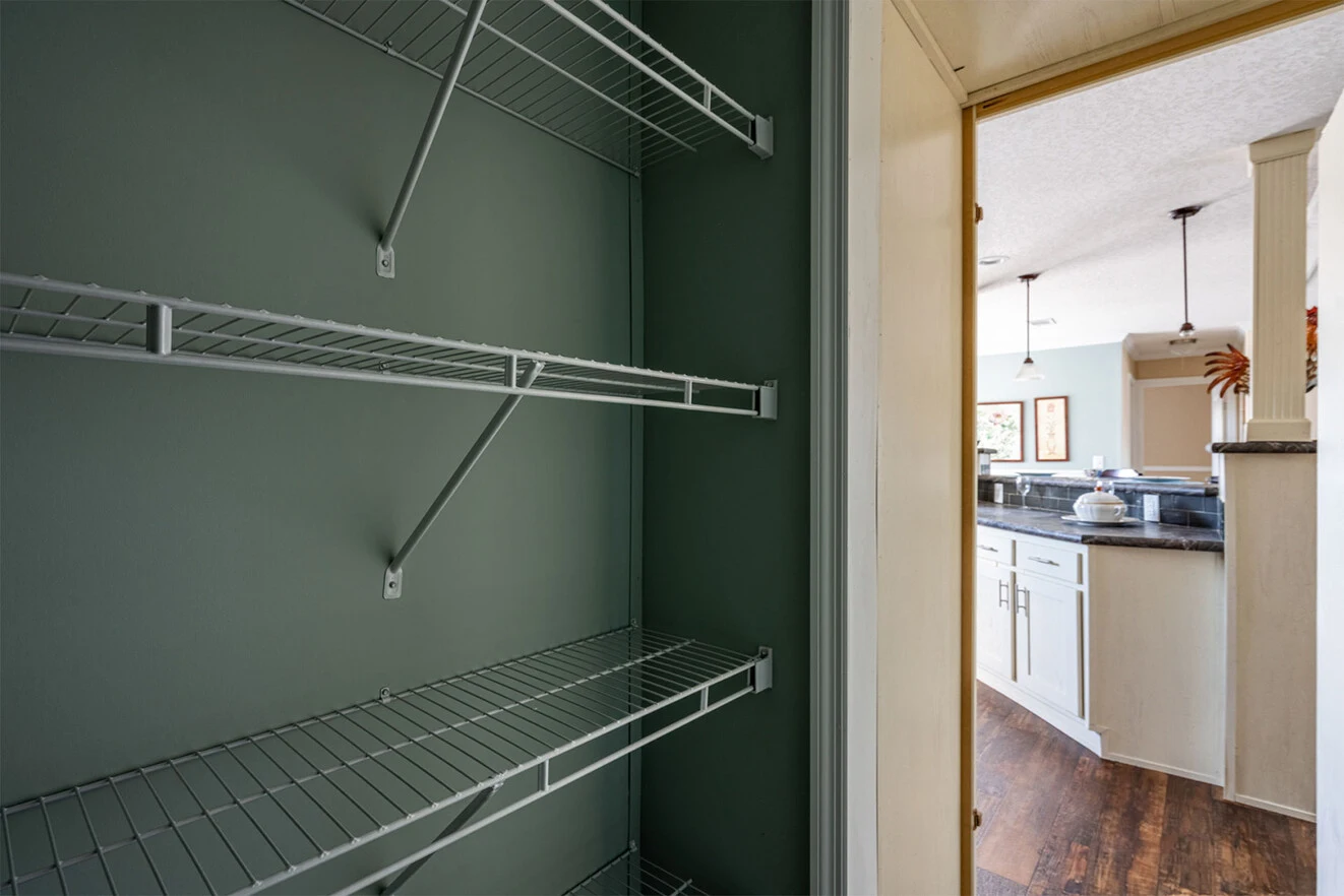 te28523c_1_1713813704503_1323_12 Empty green pantry with three metal wire shelves, open door leading to a kitchen with white cabinets, granite countertops, and hardwood floors.