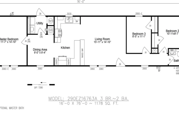 Floor plan for a 3-bedroom, 2-bath home measuring 16' x 76', featuring kitchen, dining area, living room, utility room, and optional master bath layout.