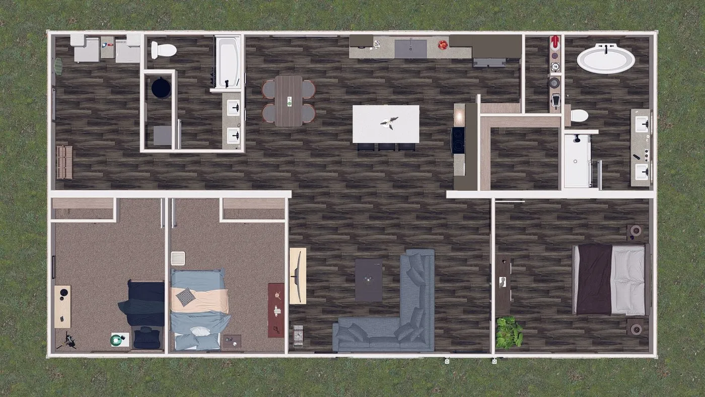 A top-down view of a house floor plan showing two bedrooms, two bathrooms, a kitchen, dining area, living room, and laundry room, all with dark wood flooring except the bedrooms.