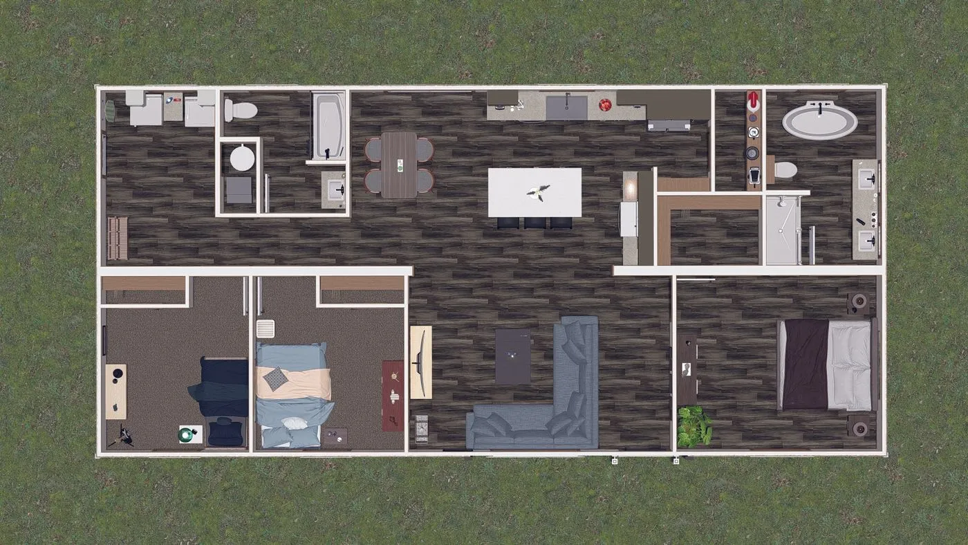 Top-down view of a single-story house floor plan with three bedrooms, two bathrooms, a kitchen, dining area, living room, and laundry room surrounded by grass.