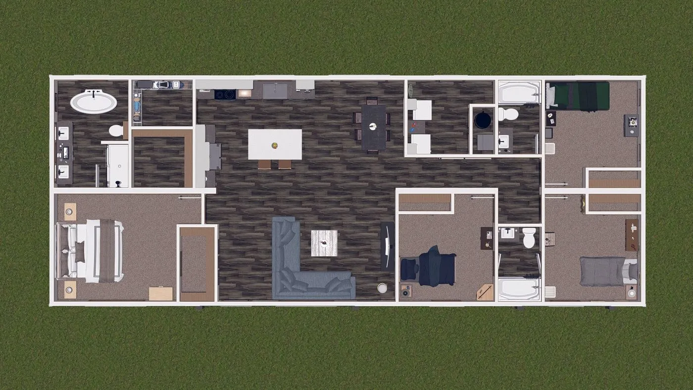 Top-down view of a single-story house floor plan with three bedrooms, two bathrooms, kitchen, dining area, living room, and green lawn surrounding the structure.