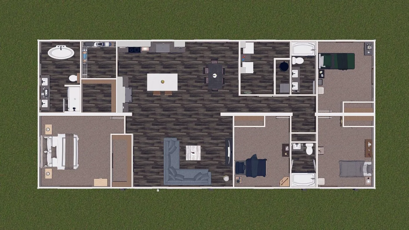 A top-down view of a single-story house floor plan showing multiple bedrooms, bathrooms, kitchen, dining, and living areas, surrounded by green lawn.