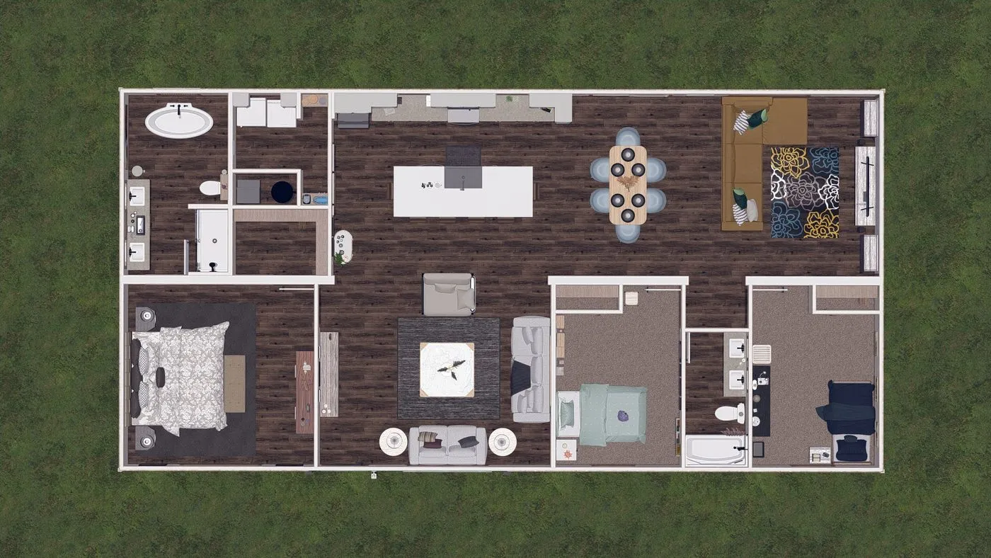 Isabel Elite02 Top-down view of a single-story home floor plan with three bedrooms, two bathrooms, kitchen, dining area, living room, and office, all set against a grassy background.