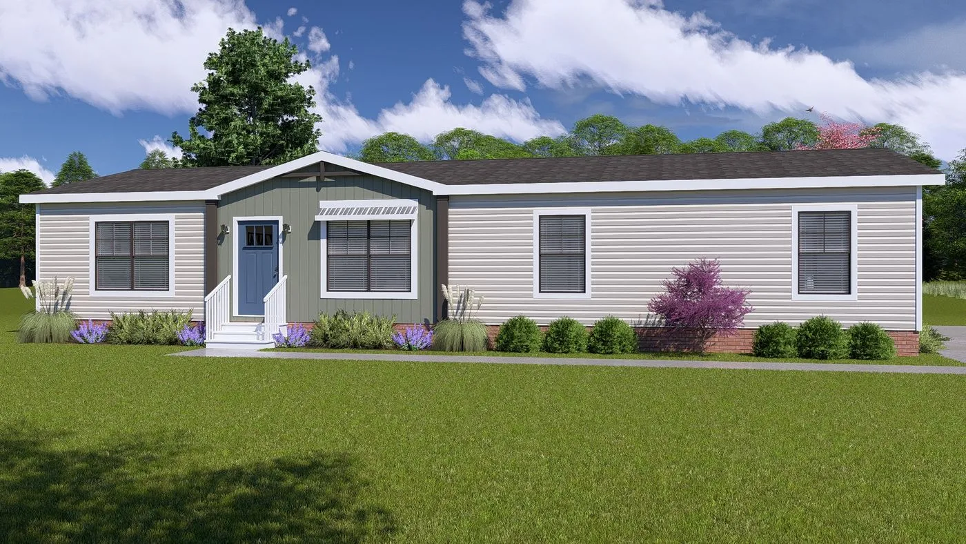 Isabel01 Single-story manufactured home with beige siding, blue front door, steps leading to entrance, and minimal landscaping on a grassy lawn under a partly cloudy sky.