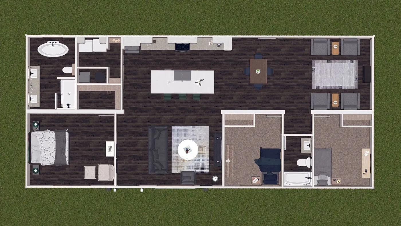 Isabel03 Top-down view of a single-story house floor plan with three bedrooms, two bathrooms, kitchen, dining area, living room, and laundry room, all set against a grass background.