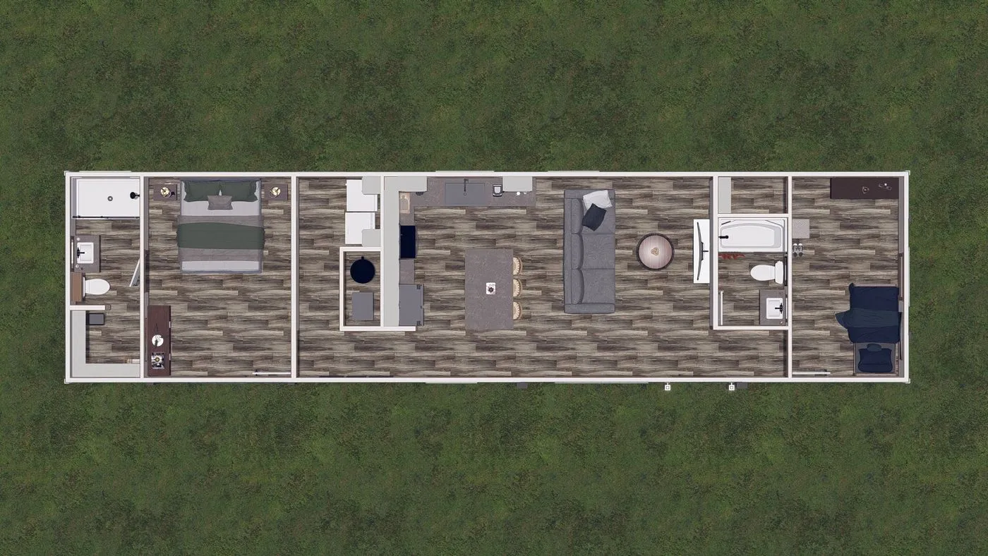A top-down view of a rectangular house floor plan featuring two bedrooms, two bathrooms, a kitchen, dining area, and living room, surrounded by grass.
