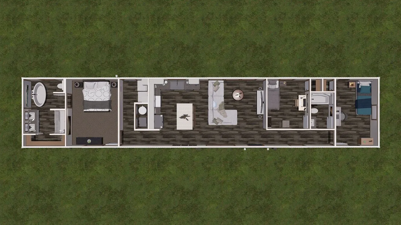 Top-down view of a rectangular home floor plan with bedroom, bathroom, living room, kitchen, and additional rooms, surrounded by green grass.