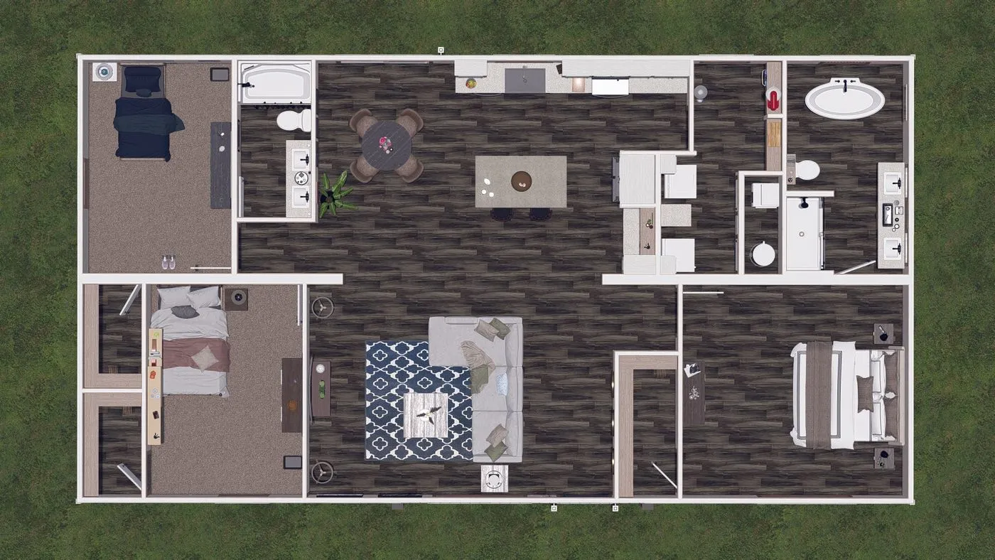 Lizzie Elite11 A top-down view of a two-bedroom apartment floor plan featuring a living room, kitchen, dining area, two bathrooms, and a study, all with dark wood flooring except the bedrooms.