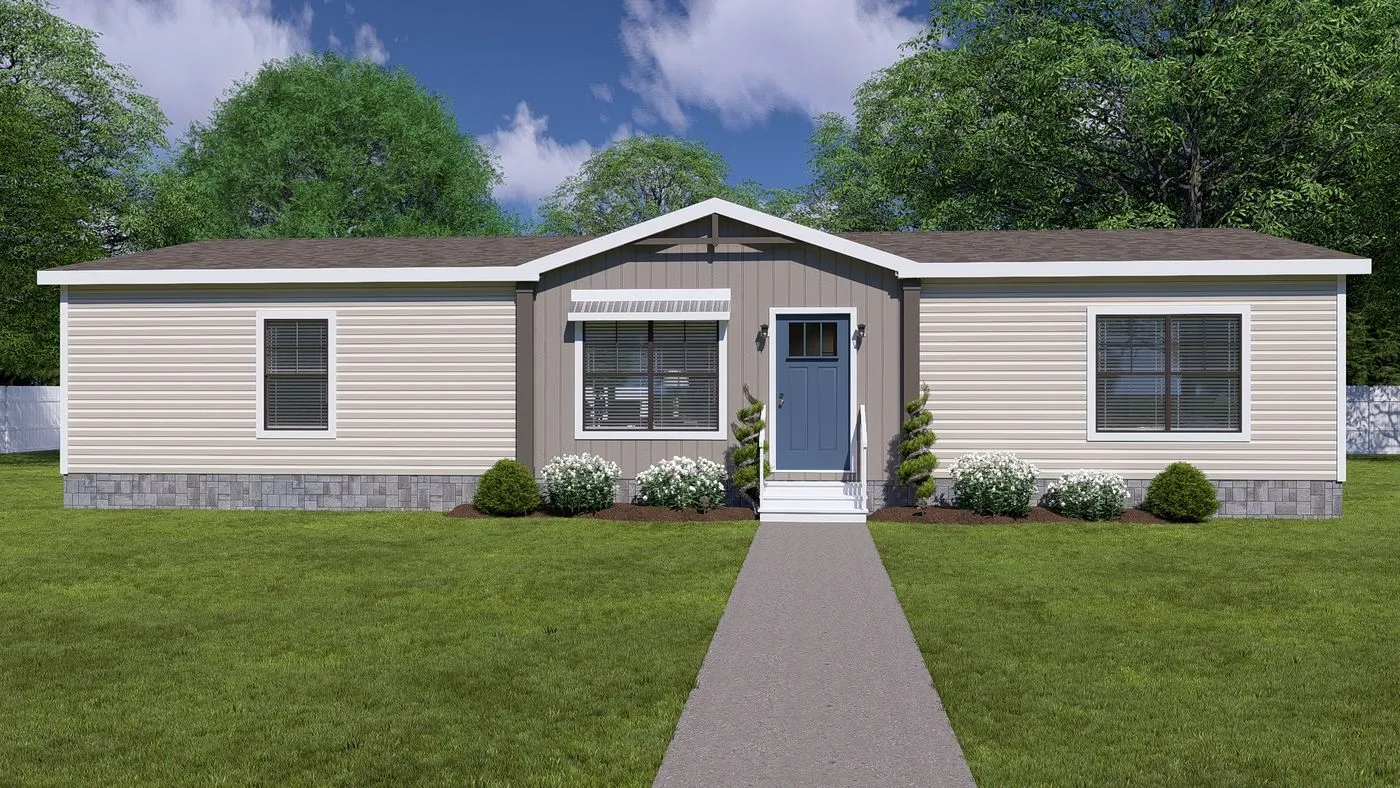 Lizzie Elite12 A beige and gray single-story manufactured home with a blue front door, three front windows, small shrubs, and a concrete walkway, set against a background of green trees and blue sky.