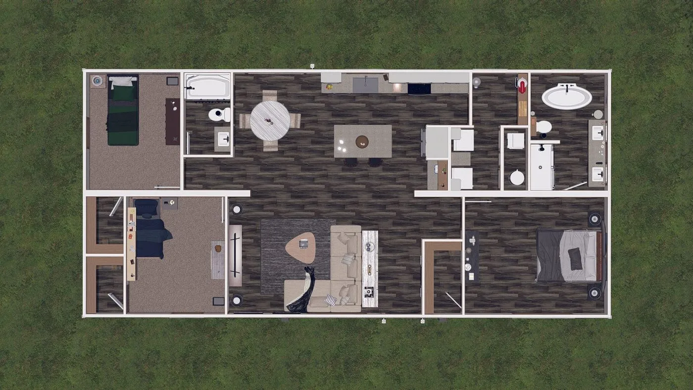 Lizzie03 A top-down view of a three-bedroom house floor plan with two bathrooms, a kitchen, dining area, and living room, all set against a grassy background.