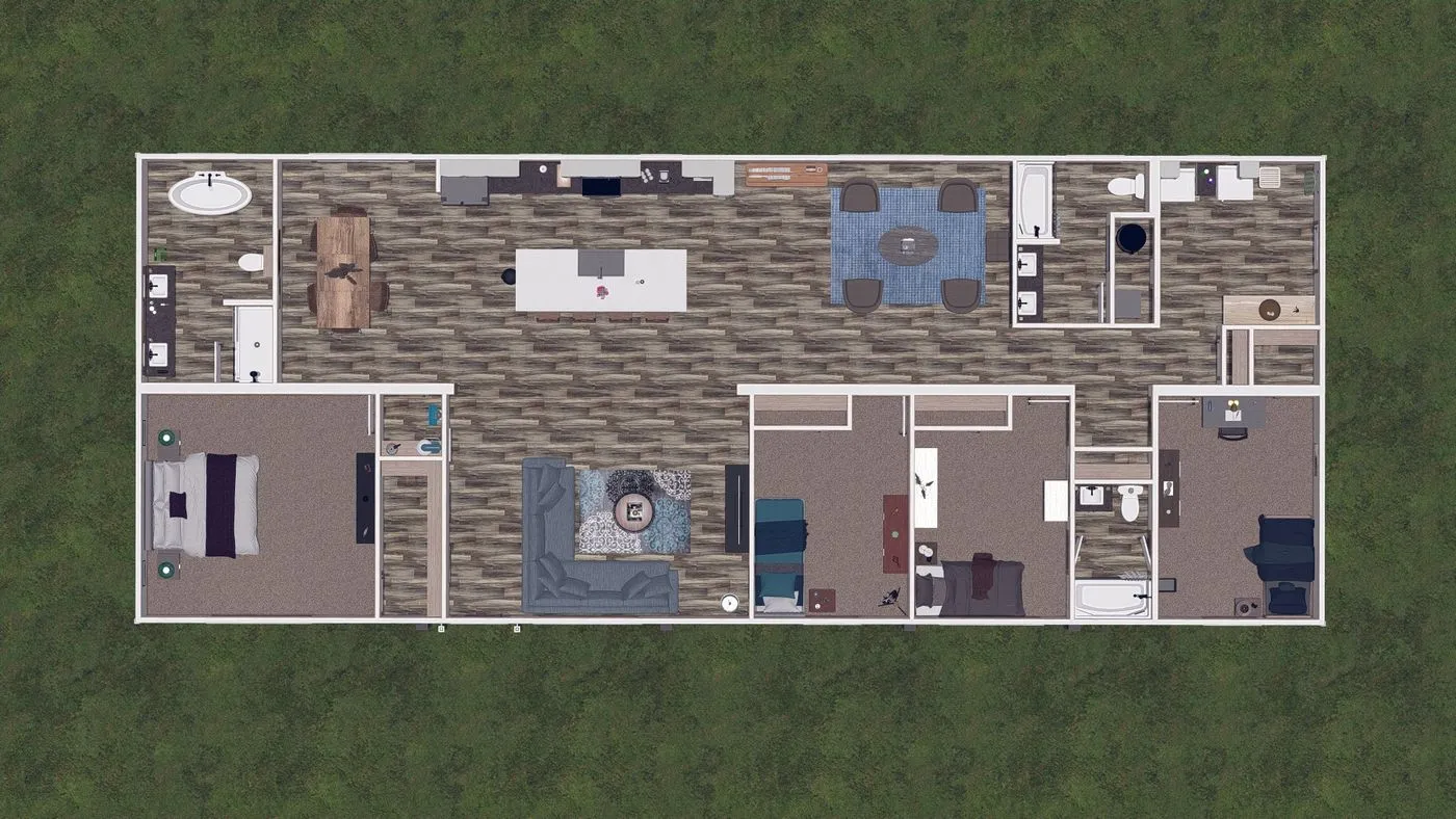 A 3D-rendered floor plan of a single-story house featuring three bedrooms, two bathrooms, a kitchen, dining area, living room, and laundry room, all set against a grass background.