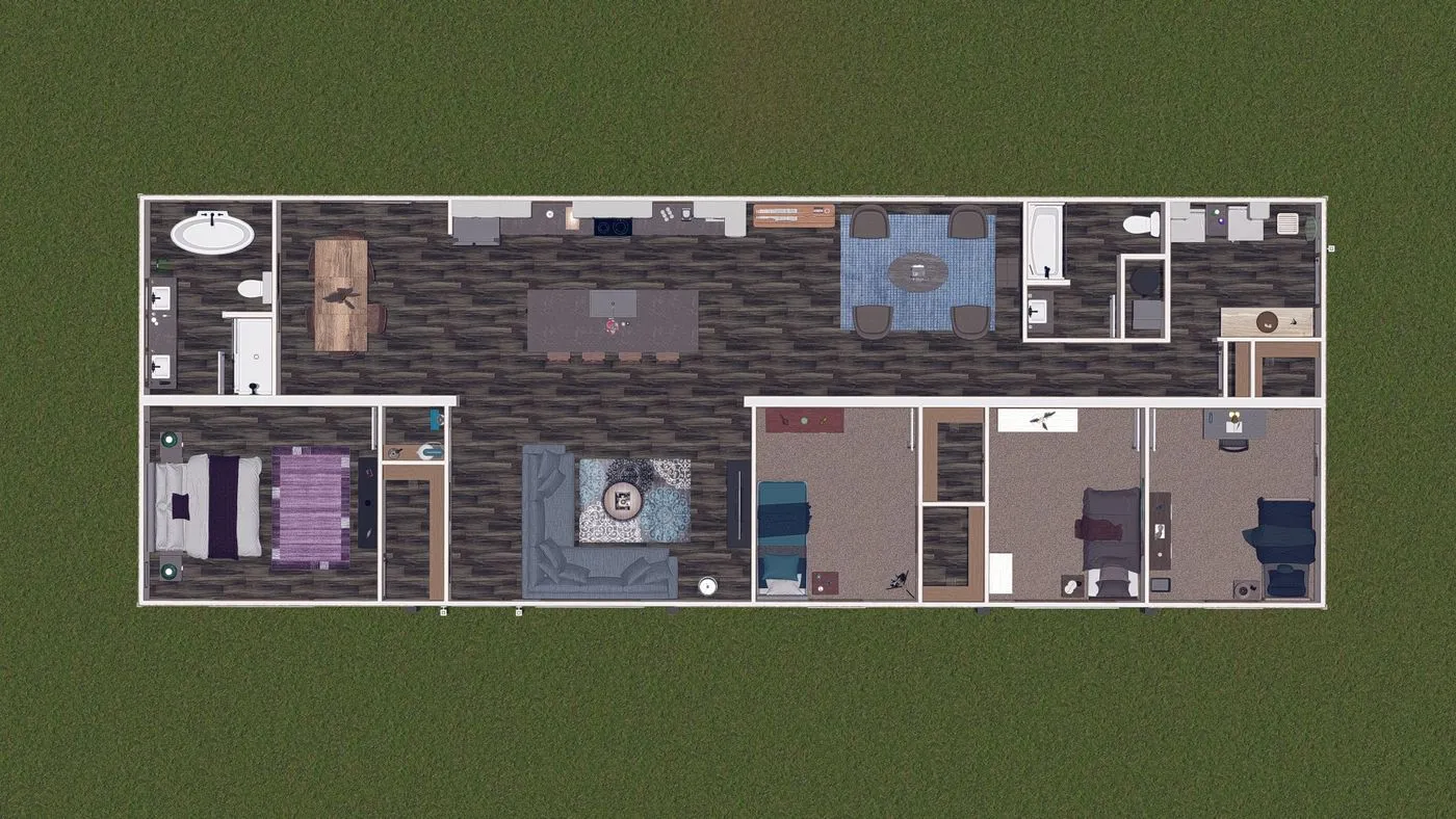 A top-down view of a single-story house floor plan featuring three bedrooms, two bathrooms, a kitchen, dining area, living room, and utility spaces, all surrounded by green lawn.