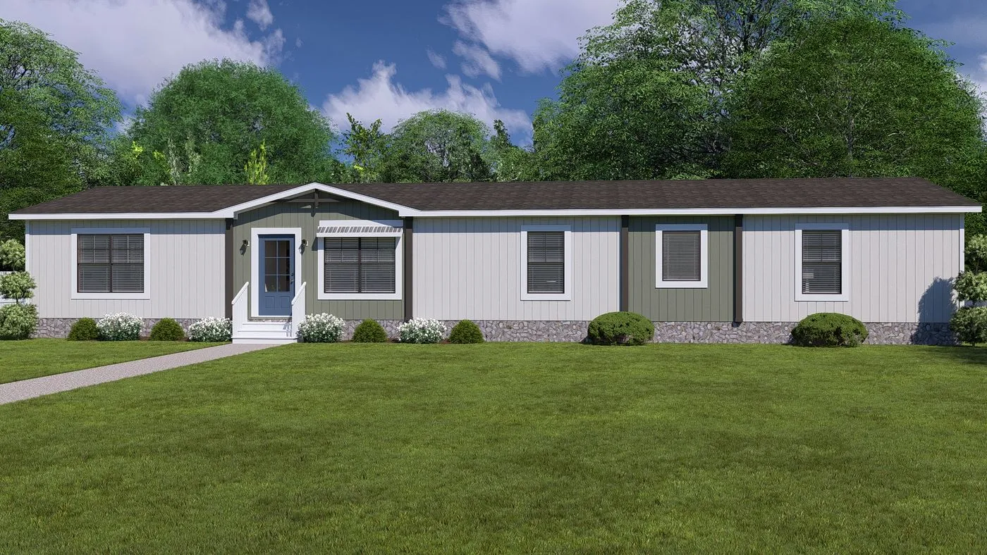 Tinsley01 Single-story manufactured home with gray siding, white trim, dark roof, front door with small steps, several windows, and a green lawn with shrubs and trees in the background.
