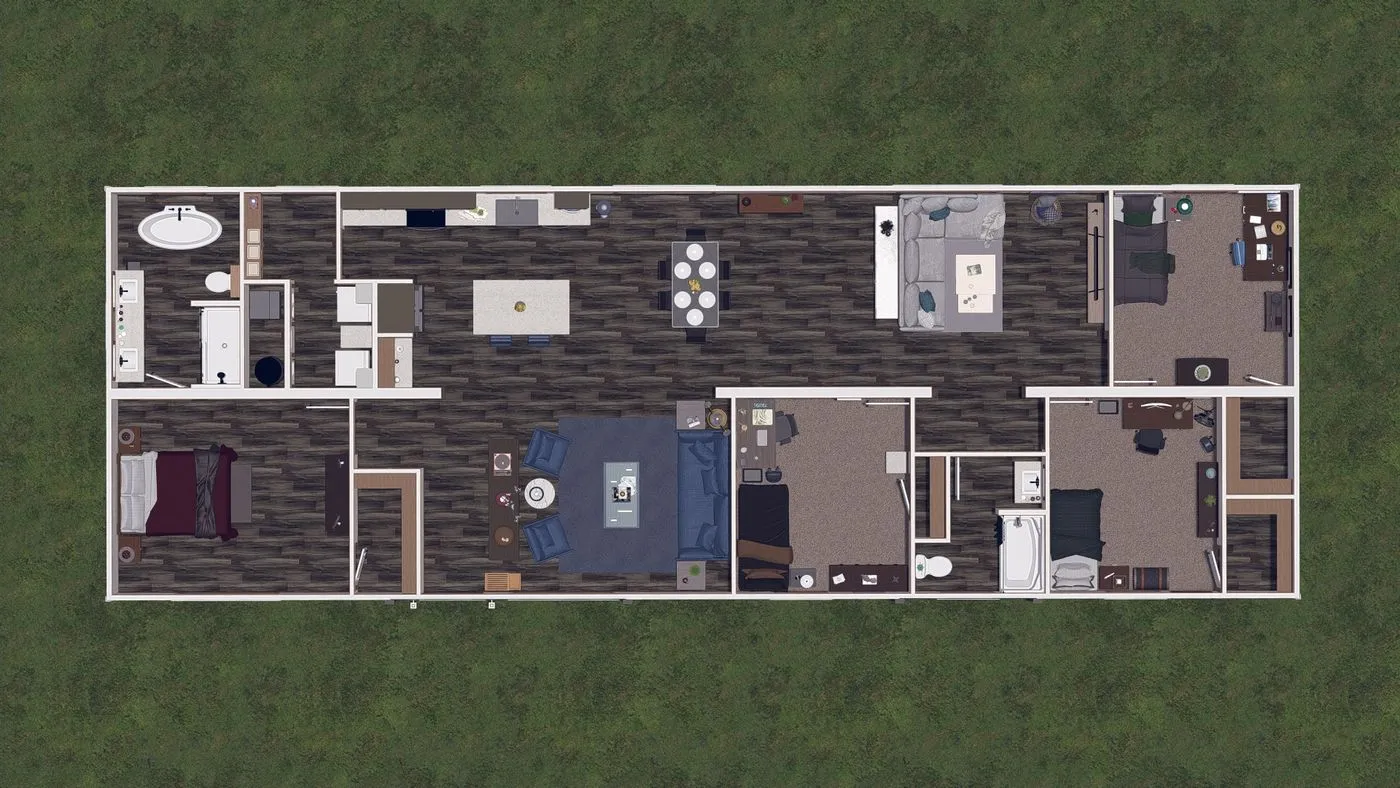 Tinsley03 Top-down view of a single-story house floor plan with multiple bedrooms, bathrooms, a kitchen, dining area, and living spaces, surrounded by a grassy yard.