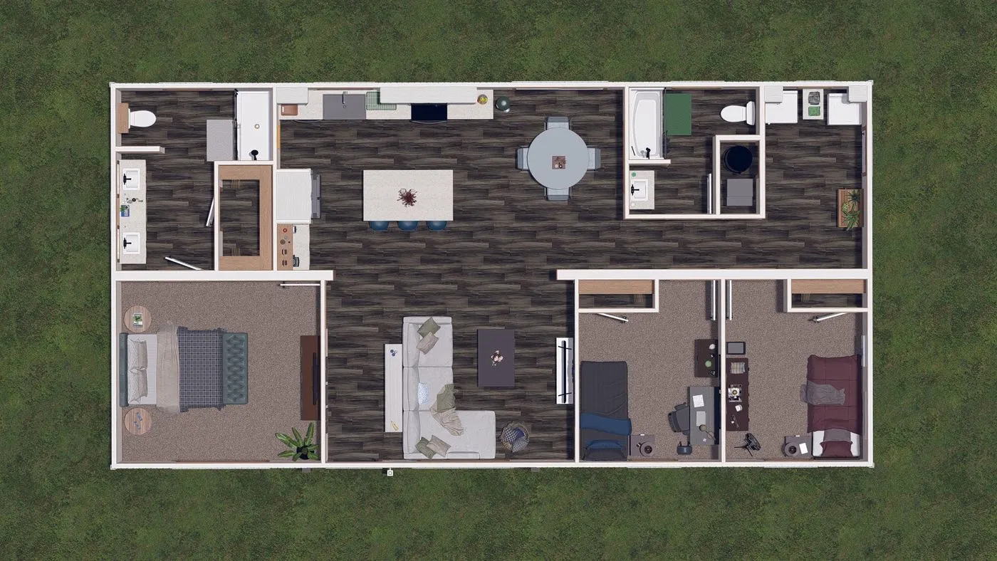 A top-down view of a three-bedroom apartment floor plan, showing a kitchen, living room, dining area, two bathrooms, and carpeted bedrooms on a green background.