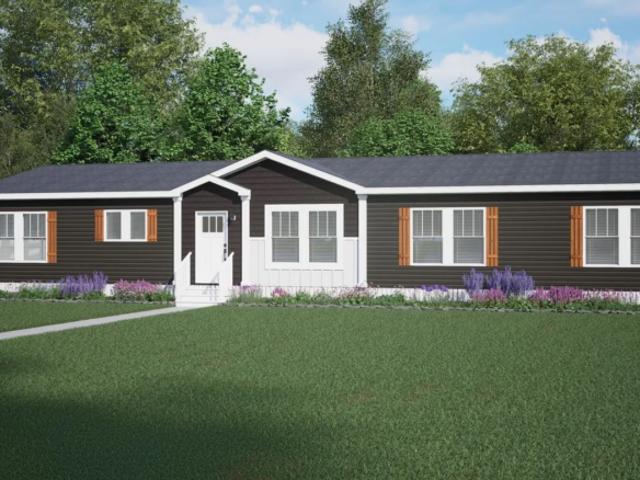 A single-story black house with white trim, brown shutters, and a central entrance sits on a lawn with landscaped flower beds and trees in the background.
