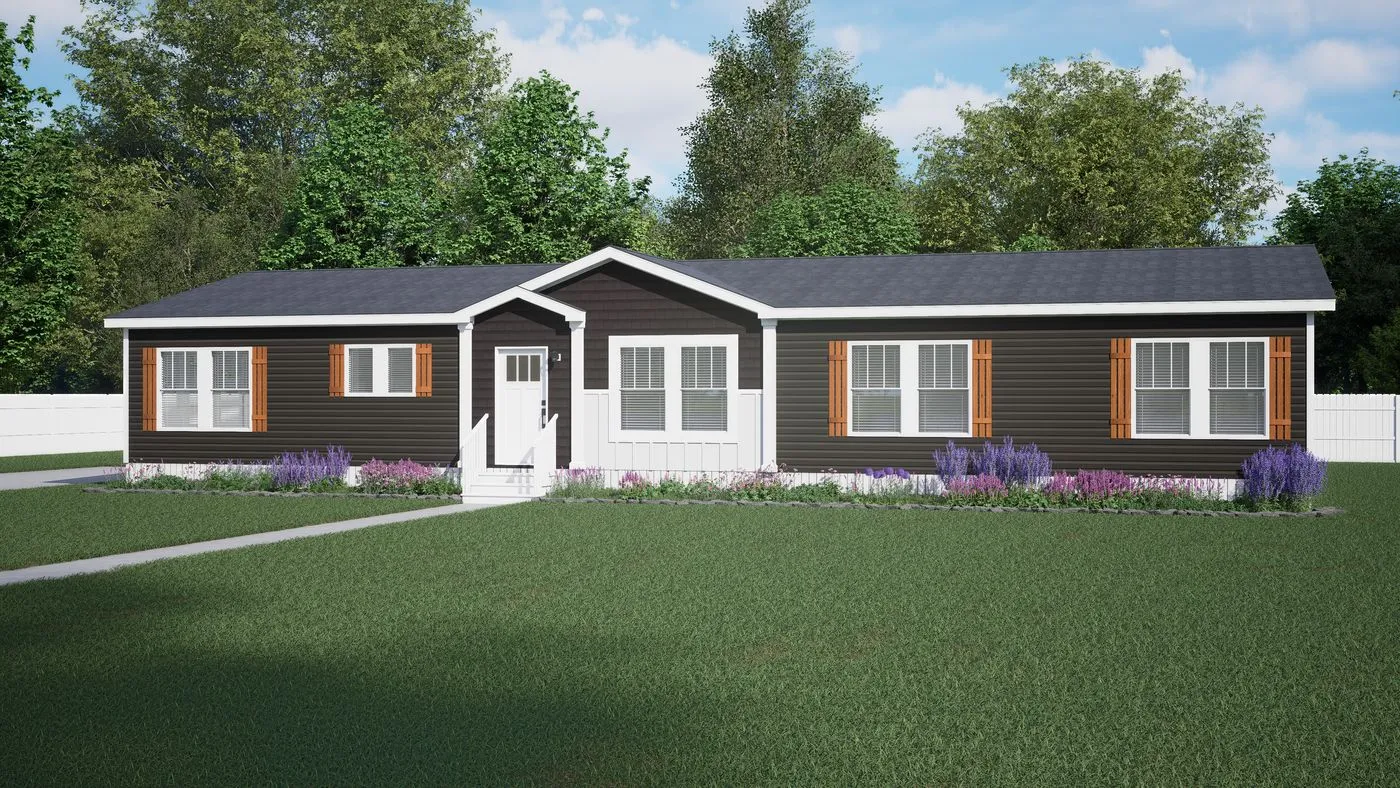 A single-story black house with white trim, brown shutters, and a central entrance sits on a lawn with landscaped flower beds and trees in the background.