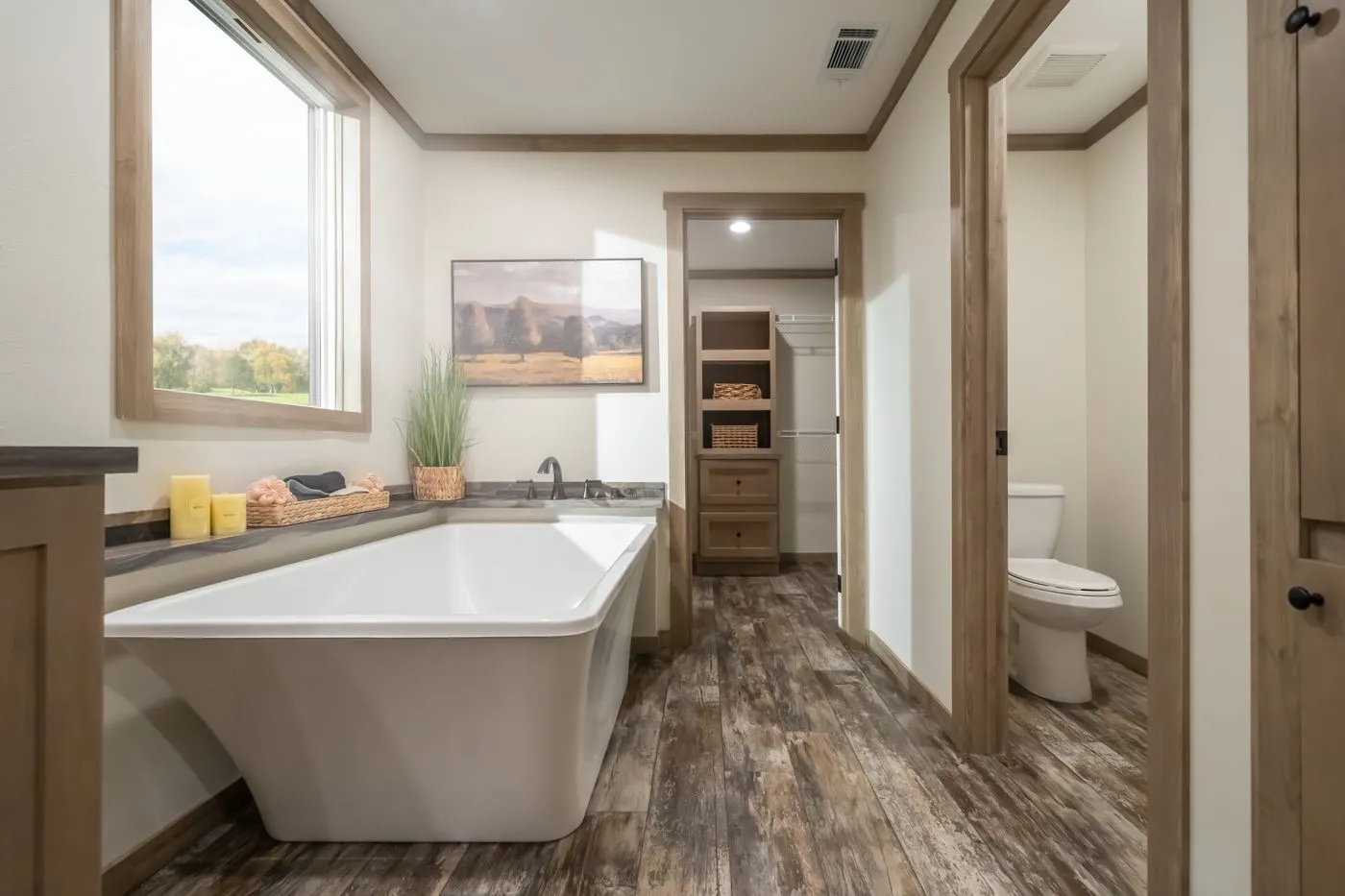 Modern bathroom with a freestanding tub, wood-style flooring, wall art, a plant, and an adjacent area with a toilet and shelving.